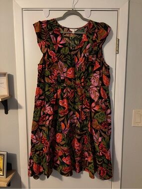 Terra & Sky Black Midi Dress with Pink & Green Tropical Print